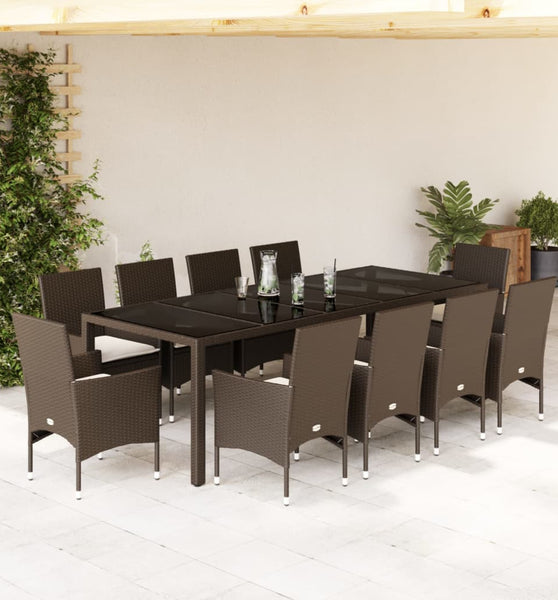 11-tlg. Garten-Essgruppe mit Kissen Braun Poly Rattan Glas