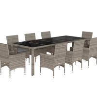 9-tlg. Garten-Essgruppe mit Kissen Grau Poly Rattan und Glas
