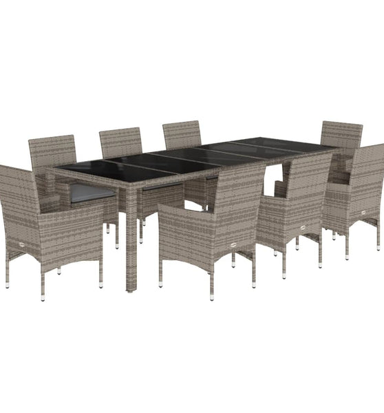 9-tlg. Garten-Essgruppe mit Kissen Grau Poly Rattan und Glas