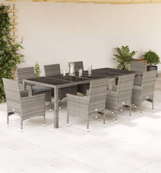 9-tlg. Garten-Essgruppe mit Kissen Grau Poly Rattan und Glas