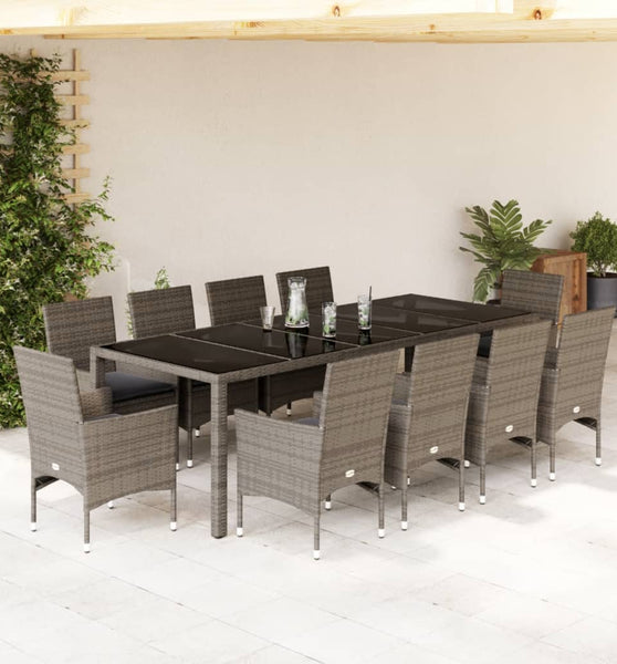 11-tlg. Garten-Essgruppe mit Kissen Grau Poly Rattan Glas