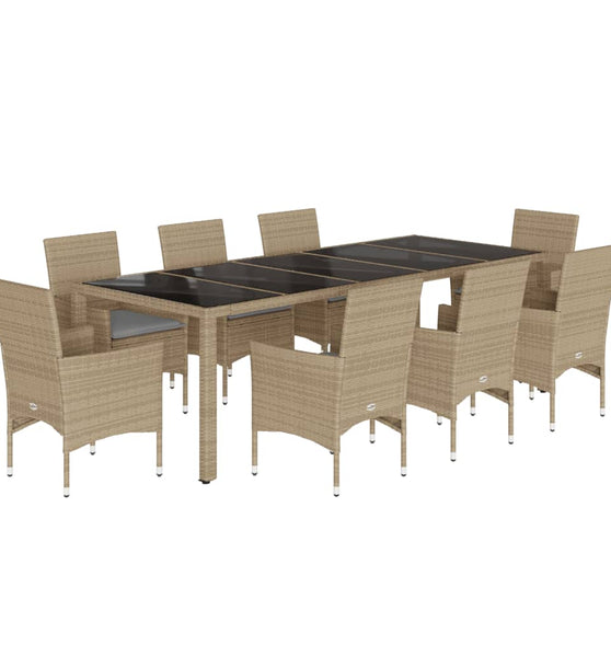 9-tlg. Garten-Essgruppe mit Kissen Beige Poly Rattan Glas