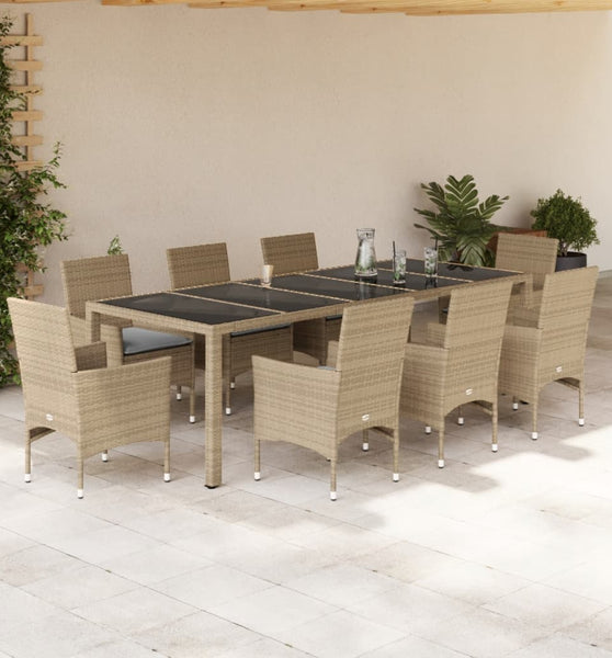 9-tlg. Garten-Essgruppe mit Kissen Beige Poly Rattan Glas