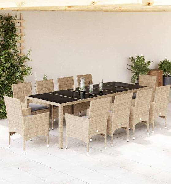 11-tlg. Garten-Essgruppe mit Kissen Beige Poly Rattan und Glas