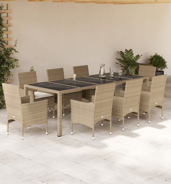 9-tlg. Garten-Essgruppe mit Kissen Beige Poly Rattan Glas