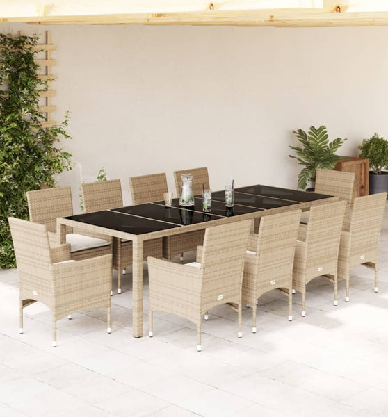 11-tlg. Garten-Essgruppe mit Kissen Beige Poly Rattan und Glas