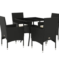 5-tlg. Garten-Essgruppe mit Kissen Schwarz Poly Rattan und Glas