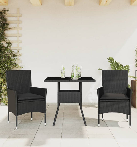 3-tlg. Garten-Essgruppe mit Kissen Schwarz Poly Rattan Glas