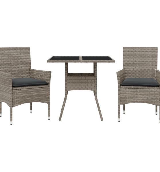 3-tlg. Garten-Essgruppe mit Kissen Grau Poly Rattan und Glas