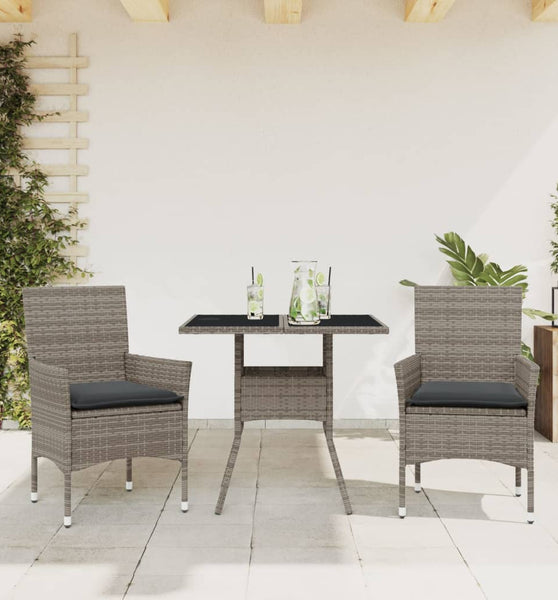 3-tlg. Garten-Essgruppe mit Kissen Grau Poly Rattan und Glas