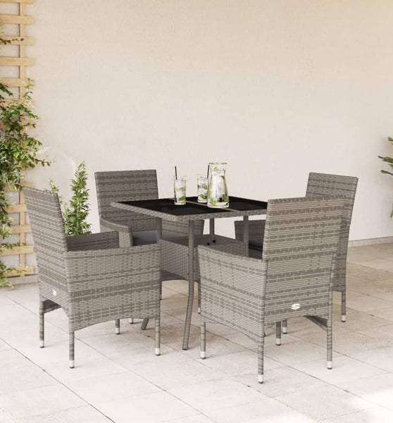 5-tlg. Garten-Essgruppe mit Kissen Grau Poly Rattan und Glas