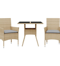 3-tlg. Garten-Essgruppe mit Kissen Beige Poly Rattan und Glas
