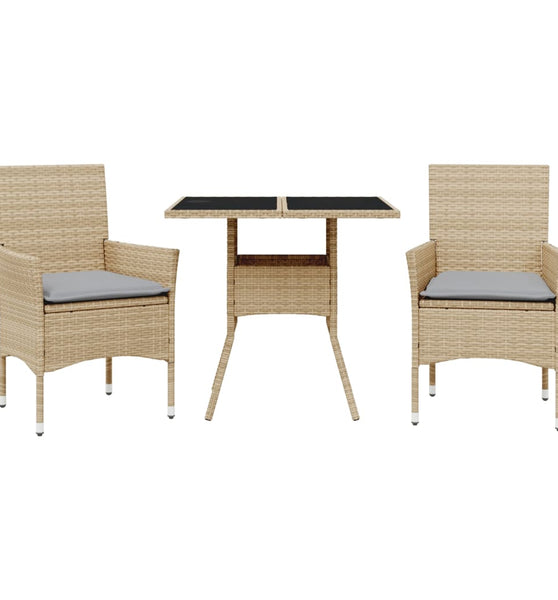 3-tlg. Garten-Essgruppe mit Kissen Beige Poly Rattan und Glas