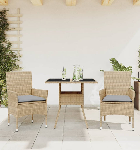 3-tlg. Garten-Essgruppe mit Kissen Beige Poly Rattan und Glas