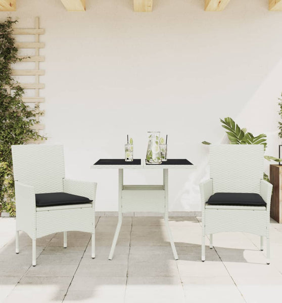 3-tlg. Garten-Essgruppe mit Kissen Weiß Poly Rattan und Glas