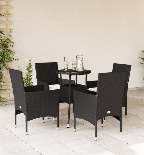 5-tlg. Garten-Essgruppe mit Kissen Schwarz Poly Rattan und Glas