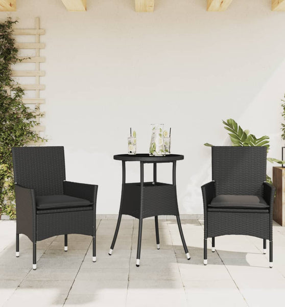 3-tlg. Garten-Essgruppe mit Kissen Schwarz Poly Rattan Glas