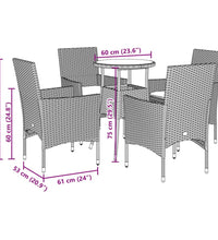 5-tlg. Garten-Essgruppe mit Kissen Schwarz Poly Rattan und Glas