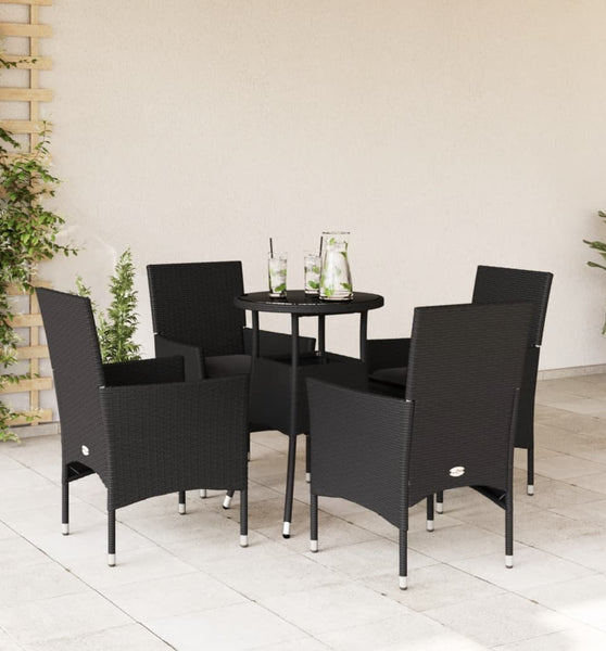 5-tlg. Garten-Essgruppe mit Kissen Schwarz Poly Rattan und Glas