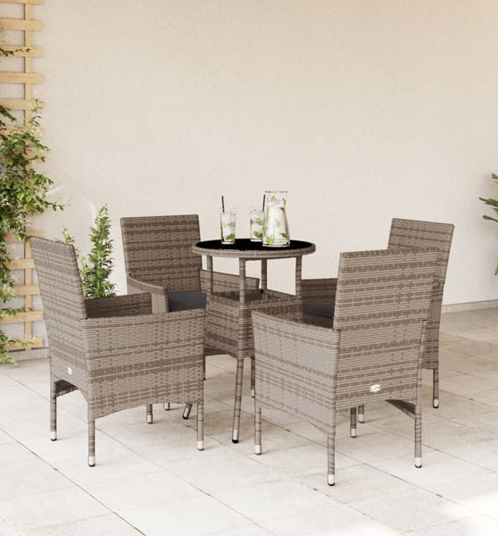 5-tlg. Garten-Essgruppe mit Kissen Grau Poly Rattan und Glas