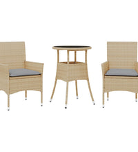 3-tlg. Garten-Essgruppe mit Kissen Beige Poly Rattan und Glas