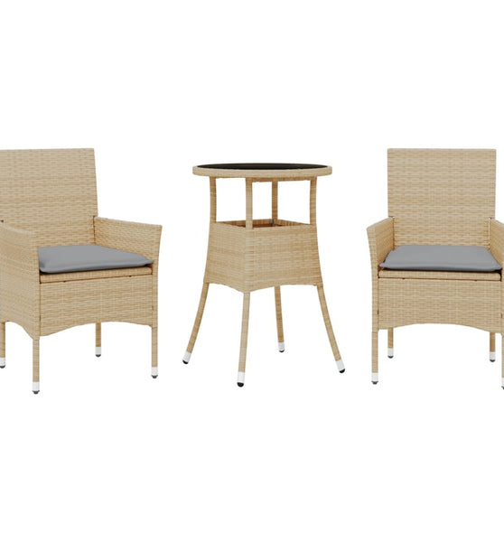 3-tlg. Garten-Essgruppe mit Kissen Beige Poly Rattan und Glas