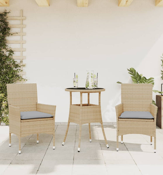 3-tlg. Garten-Essgruppe mit Kissen Beige Poly Rattan und Glas