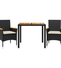 3-tlg. Garten-Essgruppe mit Kissen Schwarz Poly Rattan Akazie