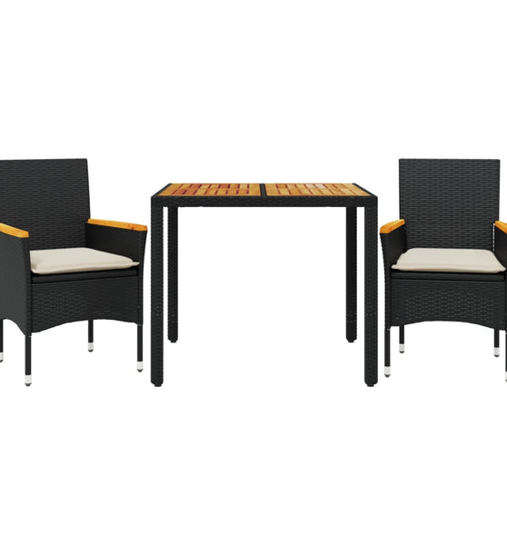 3-tlg. Garten-Essgruppe mit Kissen Schwarz Poly Rattan Akazie