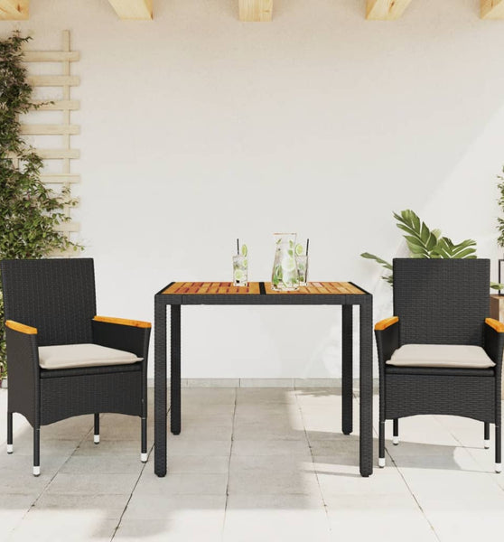 3-tlg. Garten-Essgruppe mit Kissen Schwarz Poly Rattan Akazie
