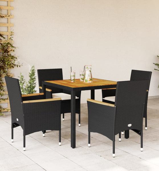 5-tlg. Garten-Essgruppe mit Kissen Schwarz Poly Rattan Akazie