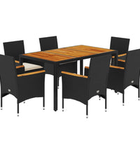 7-tlg. Garten-Essgruppe mit Kissen Schwarz Poly Rattan Akazie