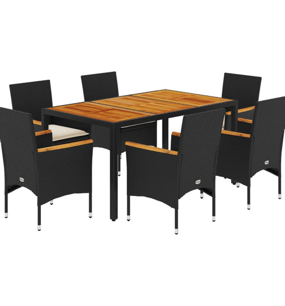 7-tlg. Garten-Essgruppe mit Kissen Schwarz Poly Rattan Akazie