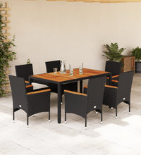 7-tlg. Garten-Essgruppe mit Kissen Schwarz Poly Rattan Akazie