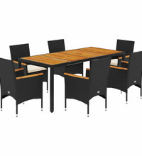 7-tlg. Garten-Essgruppe mit Kissen Schwarz Poly Rattan Akazie