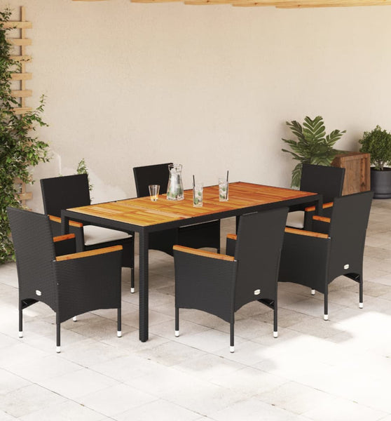 7-tlg. Garten-Essgruppe mit Kissen Schwarz Poly Rattan Akazie