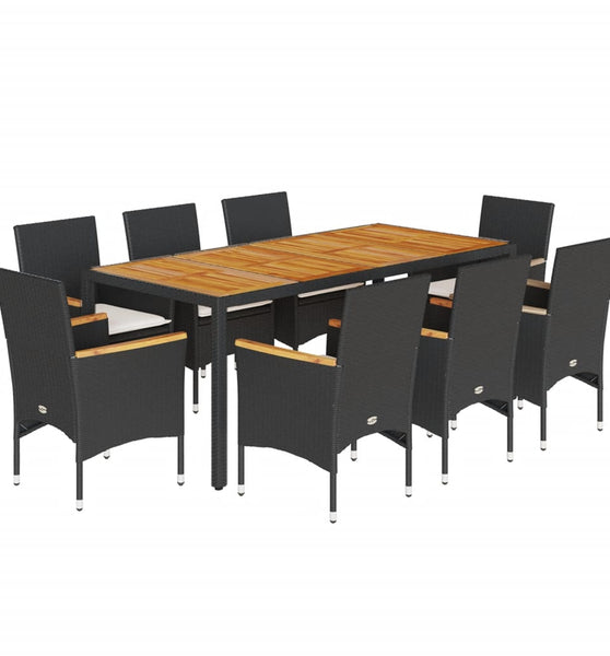 9-tlg. Garten-Essgruppe mit Kissen Schwarz Poly Rattan Akazie