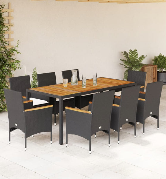 9-tlg. Garten-Essgruppe mit Kissen Schwarz Poly Rattan Akazie