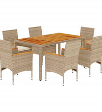 7-tlg. Garten-Essgruppe mit Kissen Beige Poly Rattan Akazie