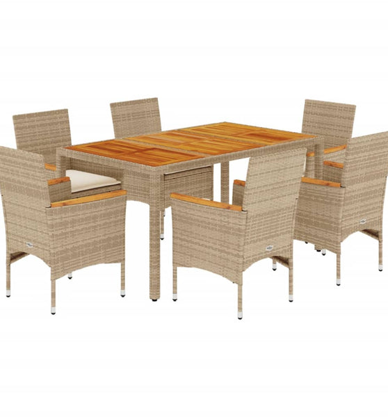 7-tlg. Garten-Essgruppe mit Kissen Beige Poly Rattan Akazie