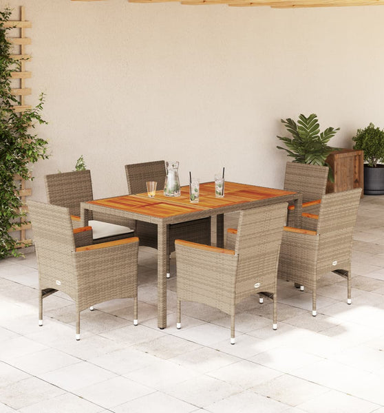 7-tlg. Garten-Essgruppe mit Kissen Beige Poly Rattan Akazie