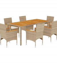 7-tlg. Garten-Essgruppe mit Kissen Beige Poly Rattan Akazie