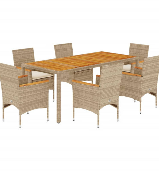 7-tlg. Garten-Essgruppe mit Kissen Beige Poly Rattan Akazie