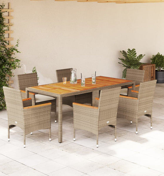 7-tlg. Garten-Essgruppe mit Kissen Beige Poly Rattan Akazie