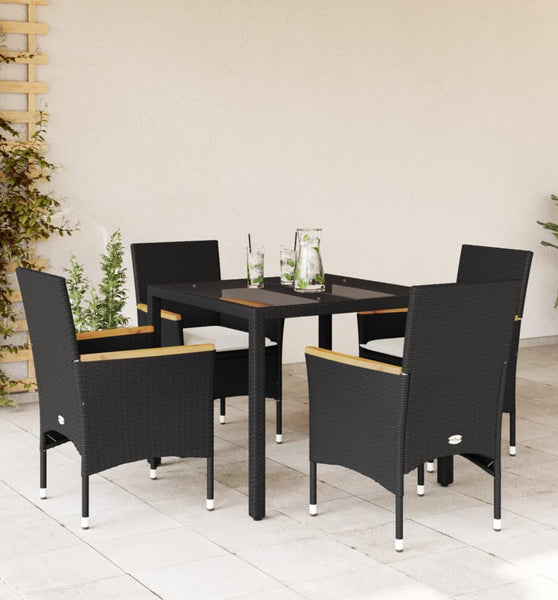 5-tlg. Garten-Essgruppe mit Kissen Schwarz Poly Rattan und Glas