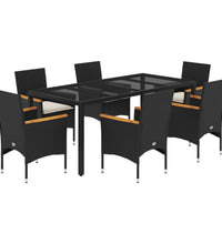 7-tlg. Garten-Essgruppe mit Kissen Schwarz Poly Rattan Glas