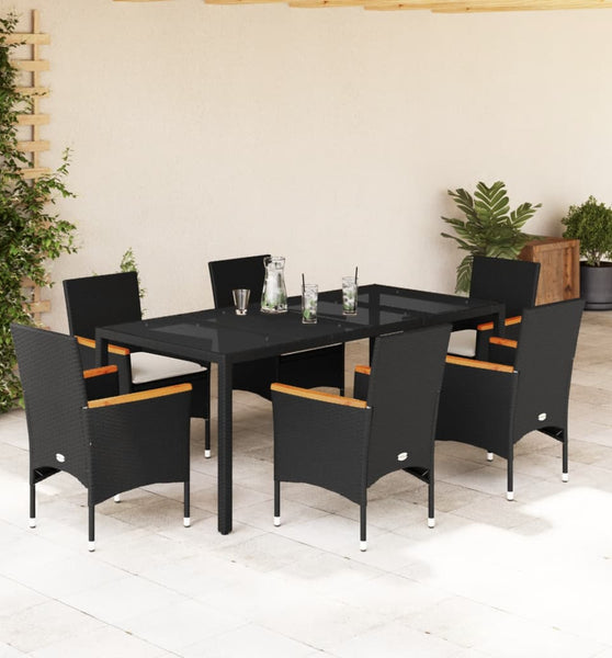 7-tlg. Garten-Essgruppe mit Kissen Schwarz Poly Rattan Glas