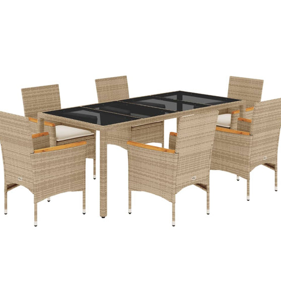 7-tlg. Garten-Essgruppe mit Kissen Beige Poly Rattan und Glas