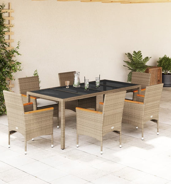 7-tlg. Garten-Essgruppe mit Kissen Beige Poly Rattan und Glas