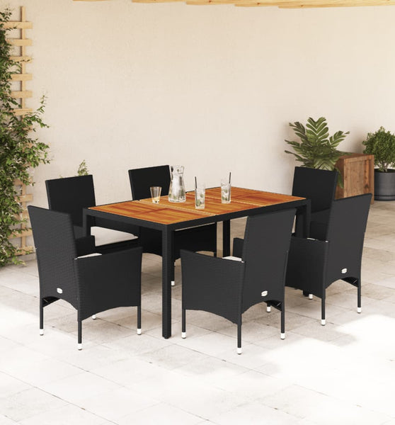 7-tlg. Garten-Essgruppe mit Kissen Schwarz Poly Rattan Akazie